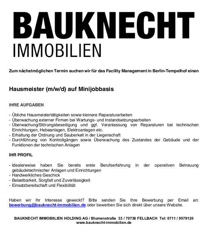 Stellenanzeige Hausmeister