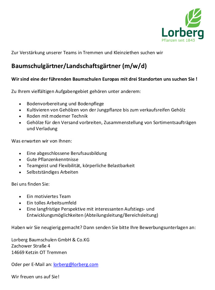 Stellenanzeige Baumschule Lorberg