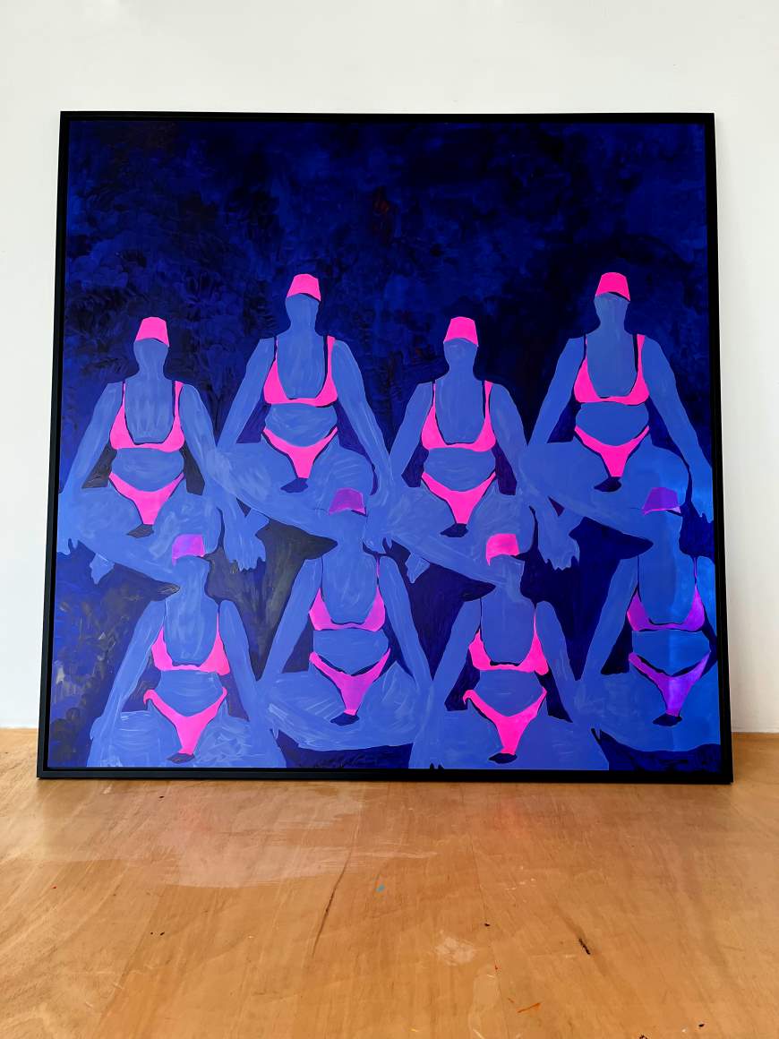 Rebecca Bernau: SWIMMERS 2022 150x150cm Acrylic on Dibond in a black wooden frame