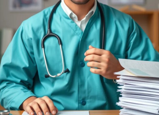 Doktor mit Akten-Stapel