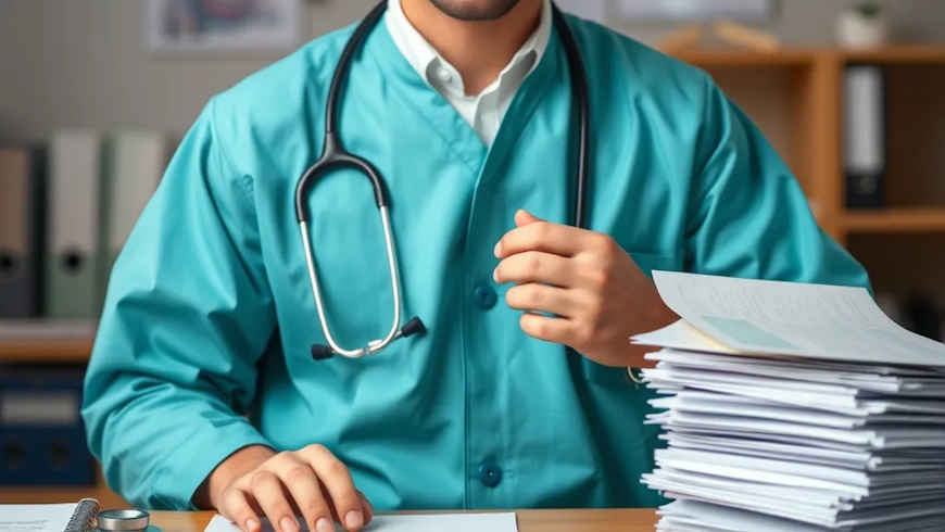 Doktor mit Akten-Stapel
